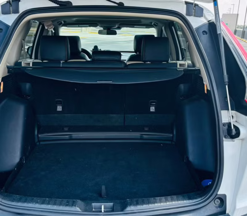 Open trunk of Honda CR-V 2021 rental car showcasing cargo space in Baton Rouge